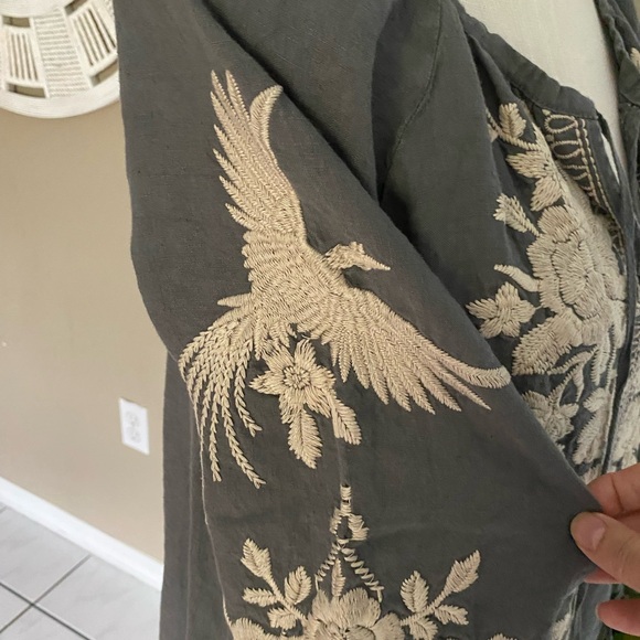 Johnny Was XL Dress Embroidered Linen Half Sleeve V-Neck Tie Pockets NO TAG - Picture 3 of 15